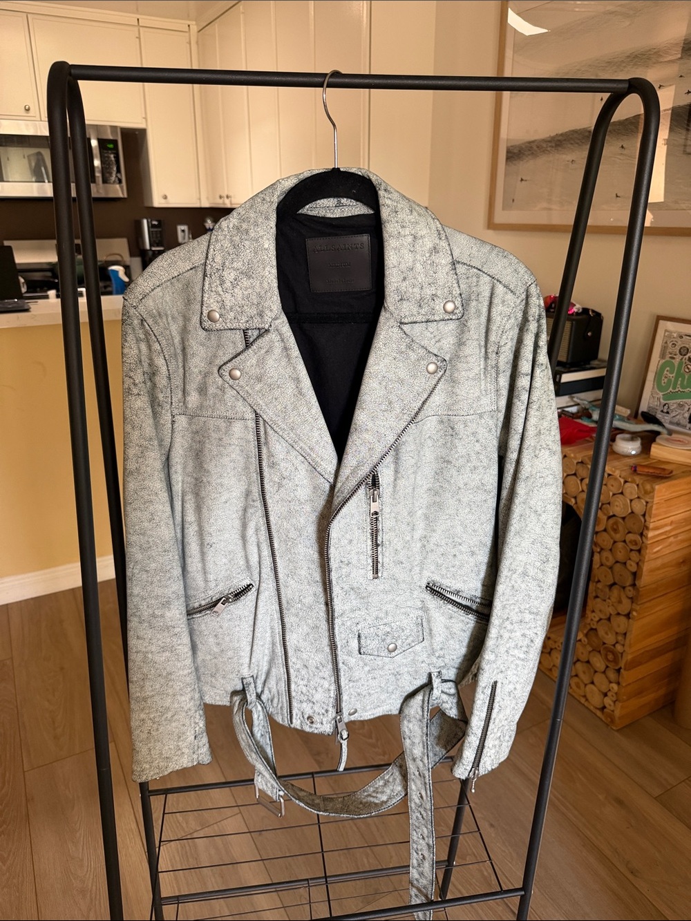 AllSaints Distressed Acid Wash Grey Leather Biker Jacket Medium